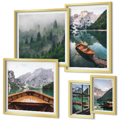 Set of 5 wall art pieces Calm mountain lakes boats