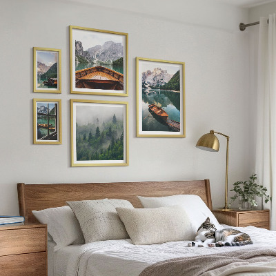 Set of 5 wall art pieces Calm mountain lakes boats