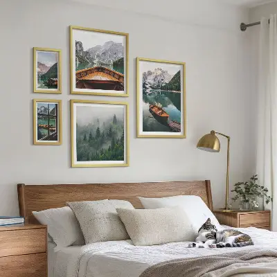 Set of 5 wall art pieces featuring calm mountain lakes and boats