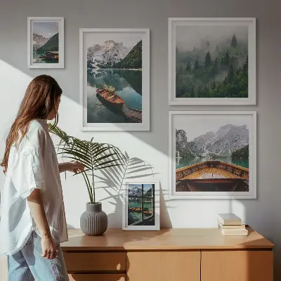 Set of 5 wall art pieces featuring calm mountain lakes and boats
