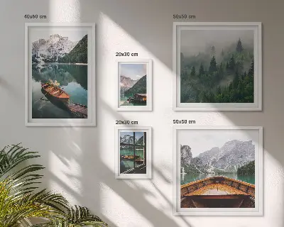 Set of 5 wall art pieces featuring calm mountain lakes and boats