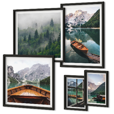 Set of 5 wall art pieces Calm mountain lakes boats