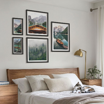 Set of 5 wall art pieces Calm mountain lakes boats