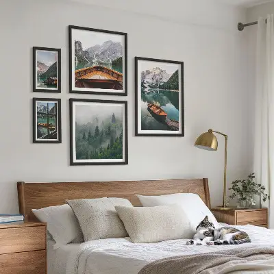 Set of 5 wall art pieces featuring calm mountain lakes and boats