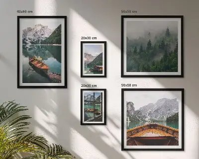 Set of 5 wall art pieces featuring calm mountain lakes and boats