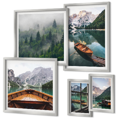 Set of 5 wall art pieces Calm mountain lakes boats