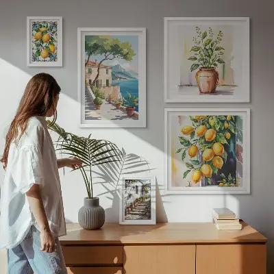 Set of 5 wall art pieces landscapes featuring citrus trees and lush vegetation