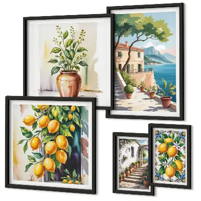 Set of 5 wall art pieces landscapes featuring citrus trees and lush vegetation