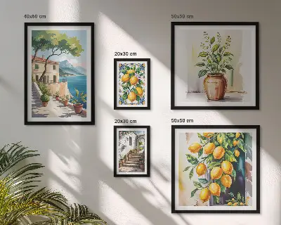 Set of 5 wall art pieces landscapes featuring citrus trees and lush vegetation