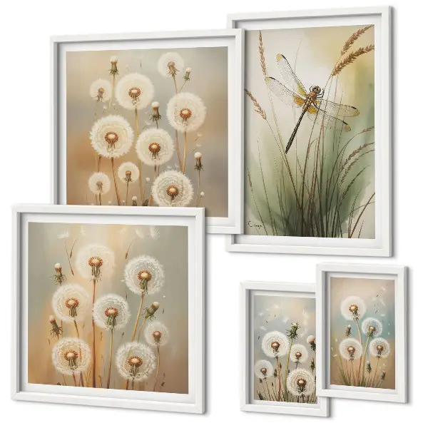 Framed photo set with floral motifs of dragonflies and dandelions