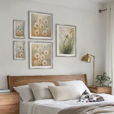 Framed photo set with floral motifs of dragonflies and dandelions