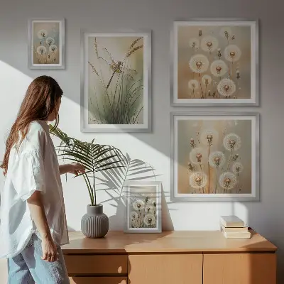 Framed photo set with floral motifs of dragonflies and dandelions