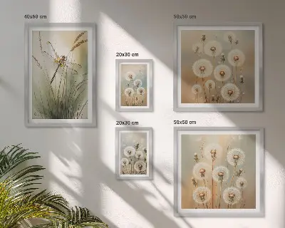 Framed photo set with floral motifs of dragonflies and dandelions