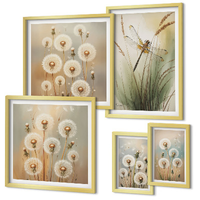 Framed photo set Floral motifs of dragonflies and dandelions