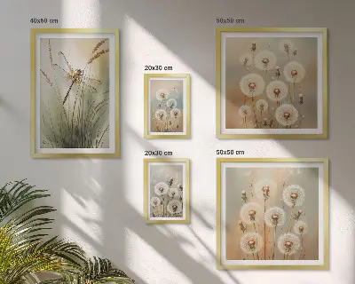 Framed photo set with floral motifs of dragonflies and dandelions
