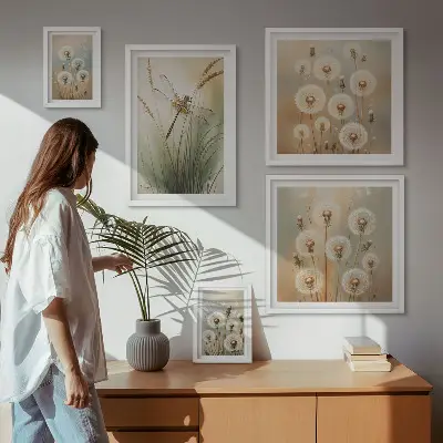 Framed photo set with floral motifs of dragonflies and dandelions