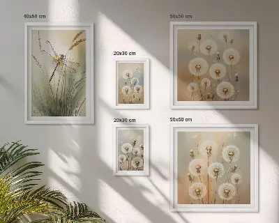 Framed photo set with floral motifs of dragonflies and dandelions