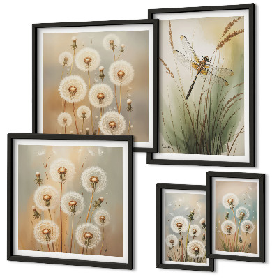 Framed photo set Floral motifs of dragonflies and dandelions