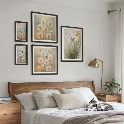 Framed photo set with floral motifs of dragonflies and dandelions
