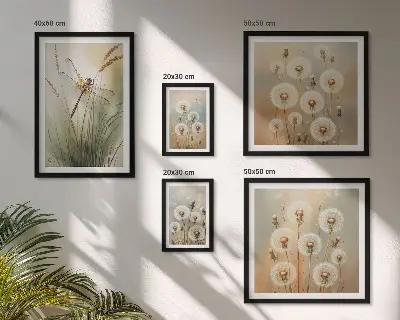 Framed photo set with floral motifs of dragonflies and dandelions