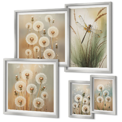 Framed photo set Floral motifs of dragonflies and dandelions