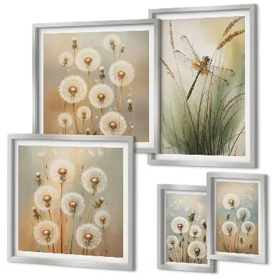 Framed photo set with floral motifs of dragonflies and dandelions