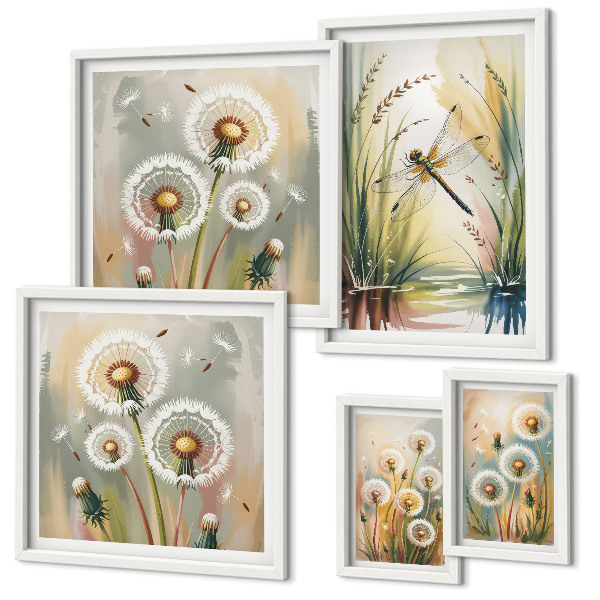 Set of 5 wall art pieces Floral dragonflies in nature style