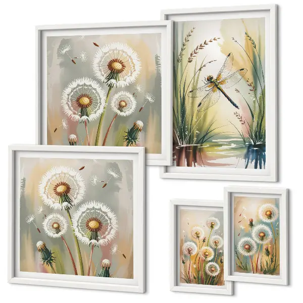 Set of 5 floral dragonfly wall art pieces in a nature style