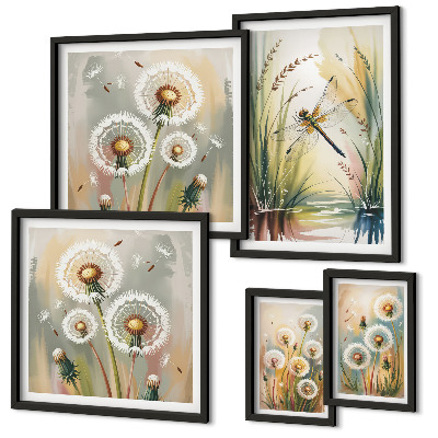 Set of 5 wall art pieces Floral dragonflies in nature style
