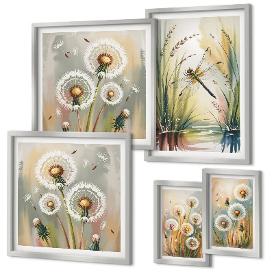 Set of 5 wall art pieces Floral dragonflies in nature style