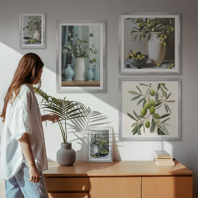 Framed photo set Green olives flowers Scandinavian style