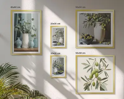 Framed photo set green olives and flowers in a Scandinavian style