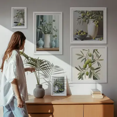 Framed photo set green olives and flowers in a Scandinavian style