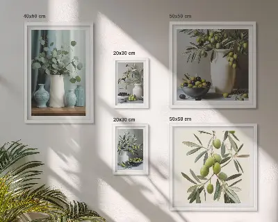 Framed photo set green olives and flowers in a Scandinavian style