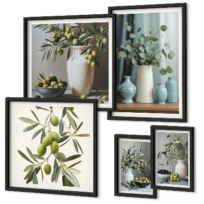 Framed photo set Green olives flowers Scandinavian style