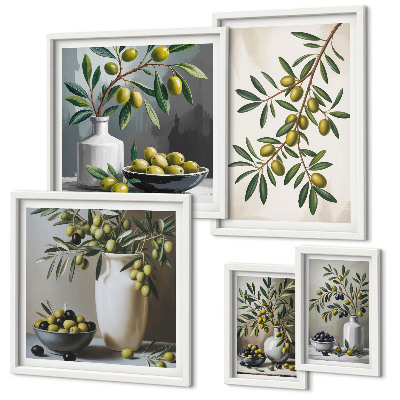 Set of 5 wall art pieces Olive accents in a rustic interior