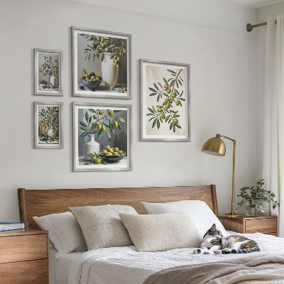 Set of 5 wall art pieces Olive accents in a rustic interior