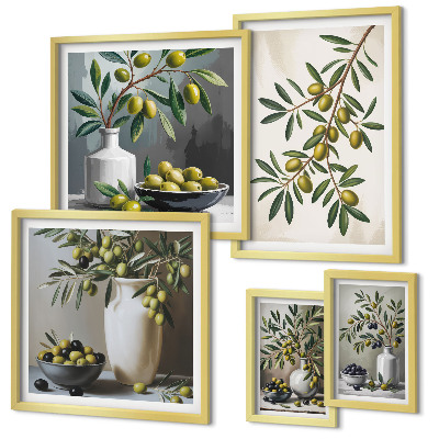 Set of 5 wall art pieces Olive accents in a rustic interior
