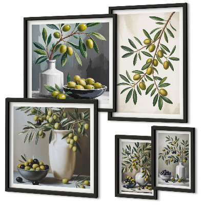 Set of 5 wall art pieces Olive accents in a rustic interior