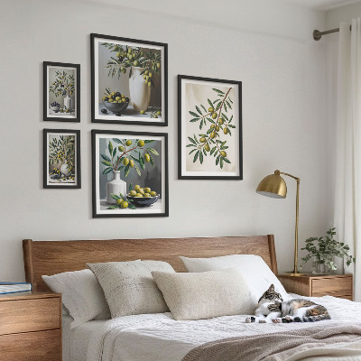 Set of 5 wall art pieces Olive accents in a rustic interior