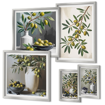 Set of 5 wall art pieces Olive accents in a rustic interior