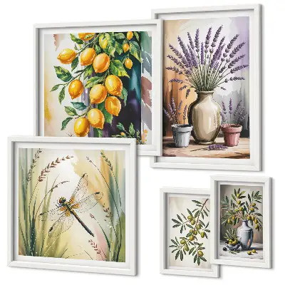 Gallery wall art set floral lemon and olive rustic print theme