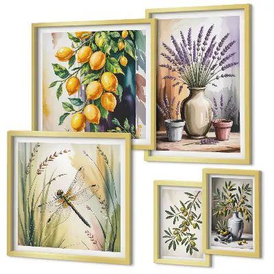 Gallery wall art set floral lemon and olive rustic print theme