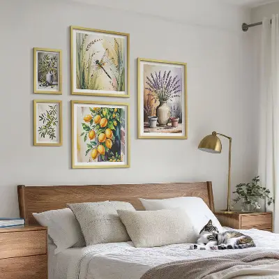 Gallery wall art set floral lemon and olive rustic print theme