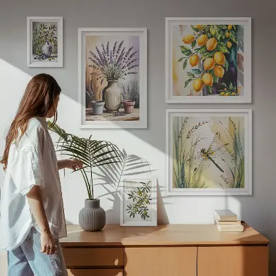 Gallery wall art set floral lemon and olive rustic print theme