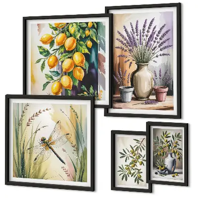 Gallery wall art set floral lemon and olive rustic print theme