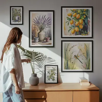 Gallery wall art set floral lemon and olive rustic print theme