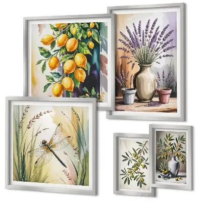 Gallery wall art set floral lemon and olive rustic print theme