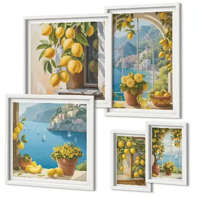 Set of 5 wall art pieces lemon accents and Provence sea theme