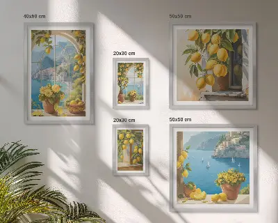 Set of 5 wall art pieces lemon accents and Provence sea theme